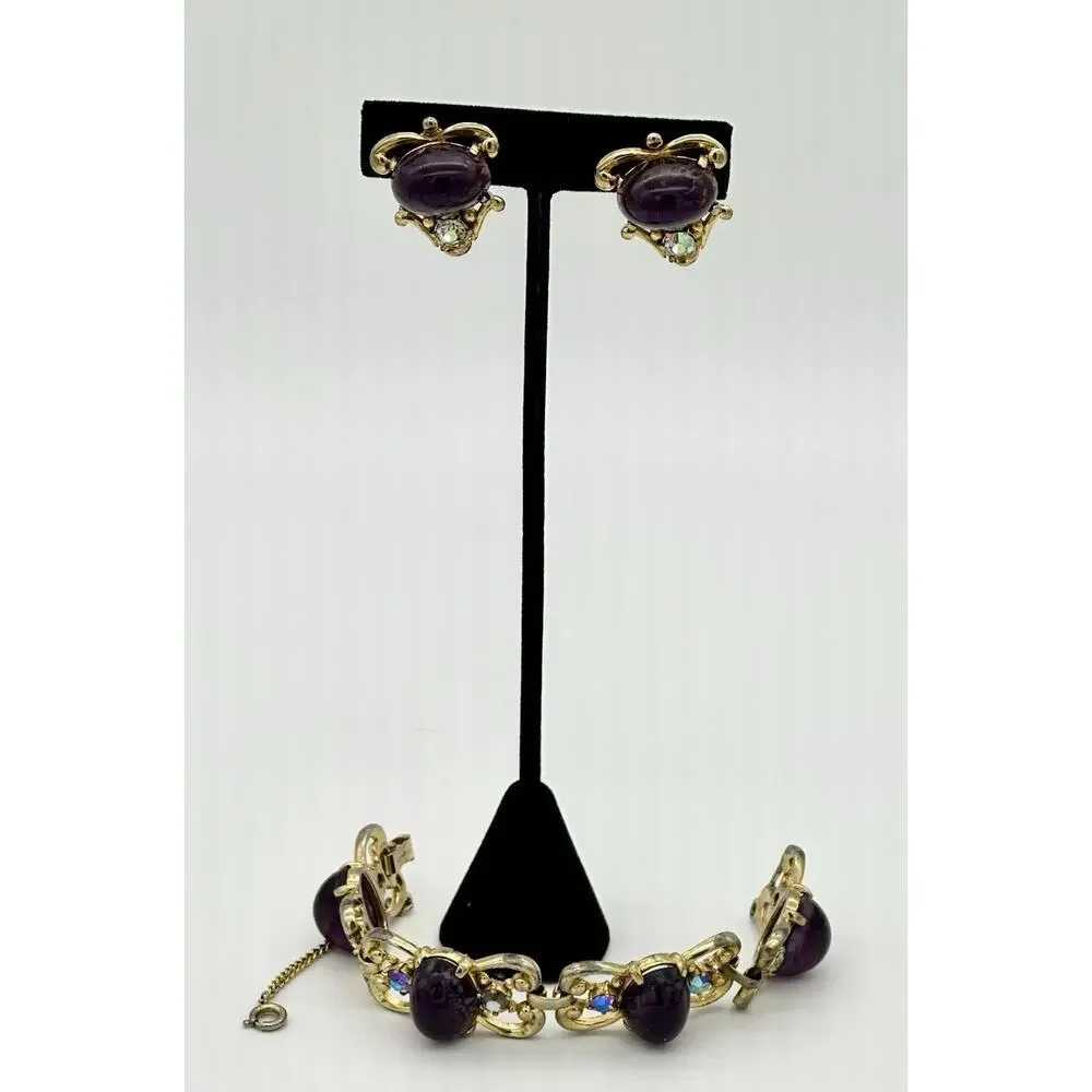 Schiaparelli Vintage Purple Cobachon Rare Bracelet and Earrings Set As Is - Picture 14 of 16